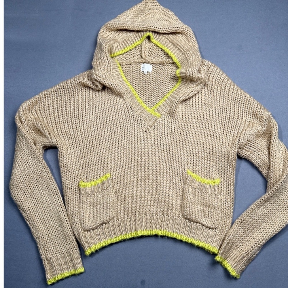Dee Elly Knit Hoodie V-Neck Pullover Pockets Cropped Sweater Casual‎ Size S